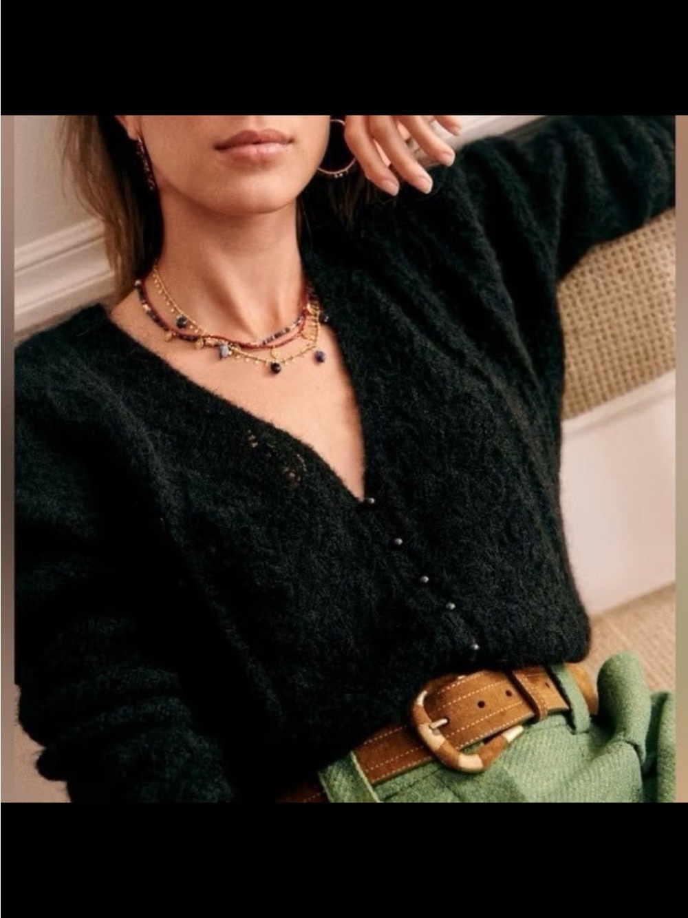Sézane Black Knit V-Neck Cardigan Sweater Button Down